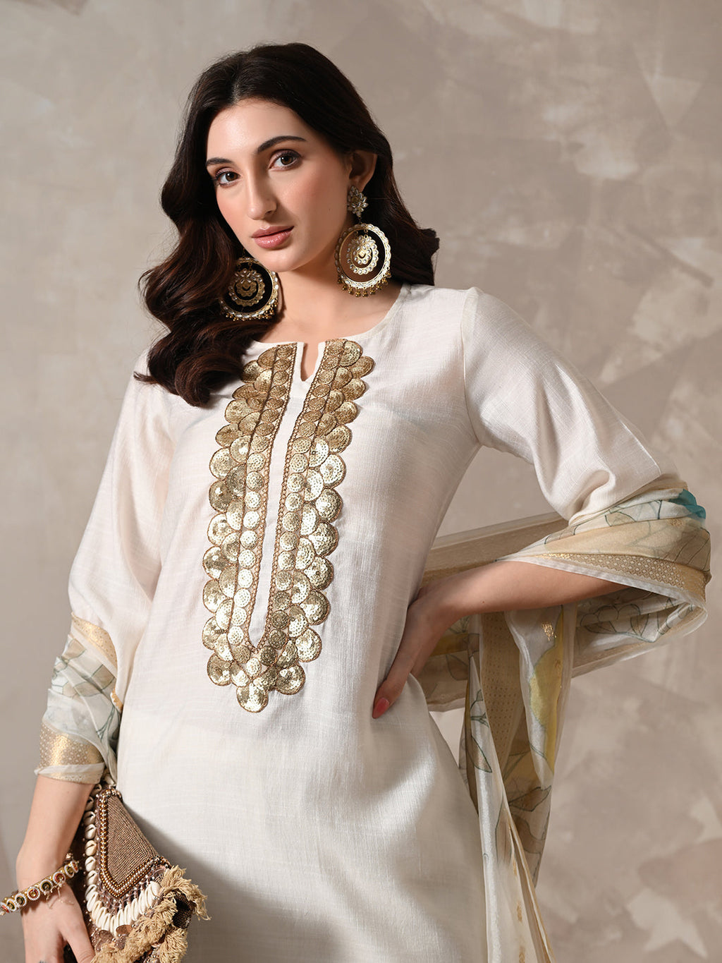 Myshka Women White Floral Yoke Design Sequinned A-Line Kurta Set with Dupatta | Grocsy