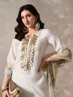 Myshka Women White Floral Yoke Design Sequinned A-Line Kurta Set with Dupatta | Grocsy
