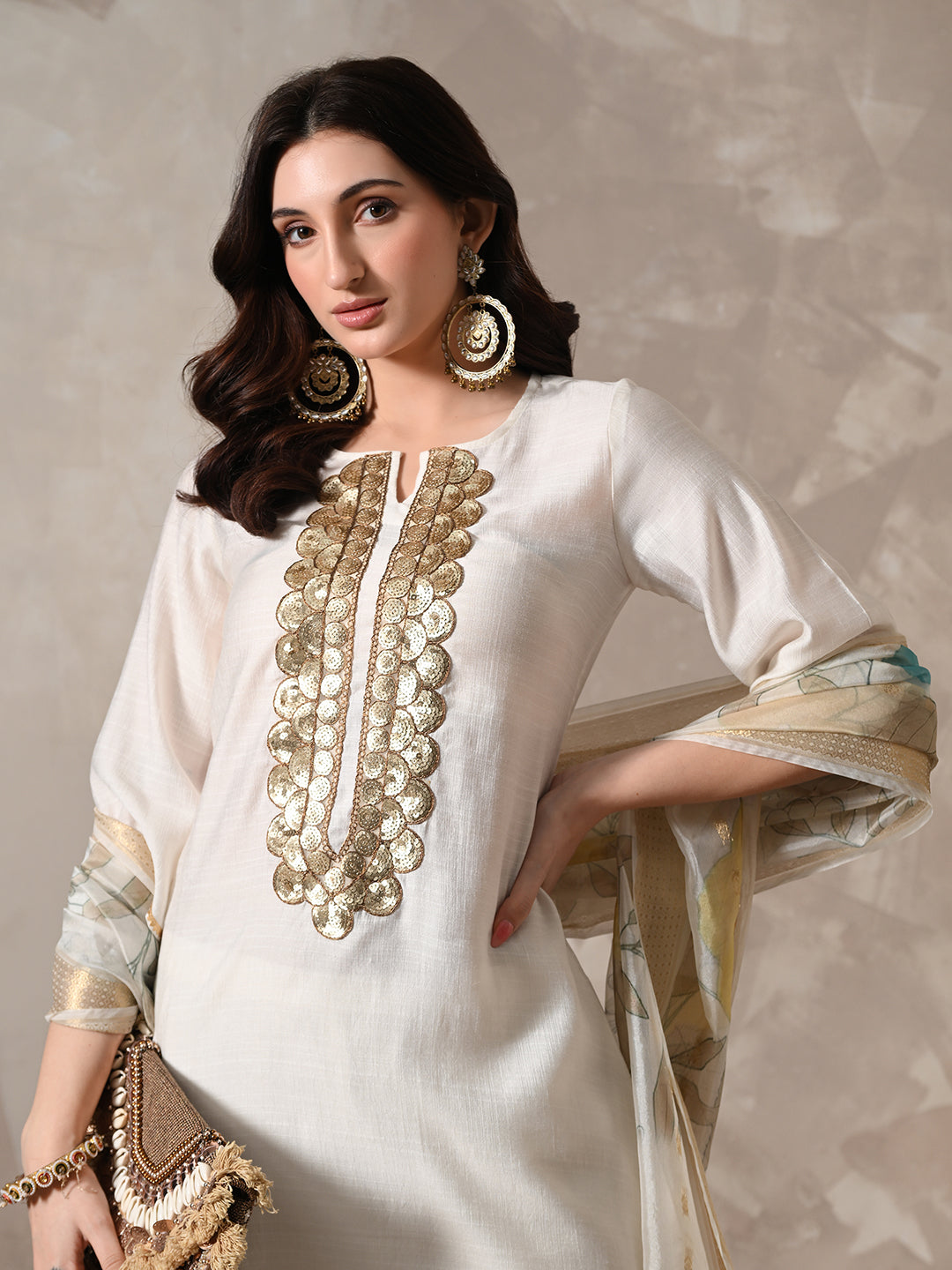 Myshka Women White Floral Yoke Design Sequinned A-Line Kurta Set with Dupatta | Grocsy