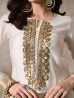 Myshka Women White Floral Yoke Design Sequinned A-Line Kurta Set with Dupatta | Grocsy