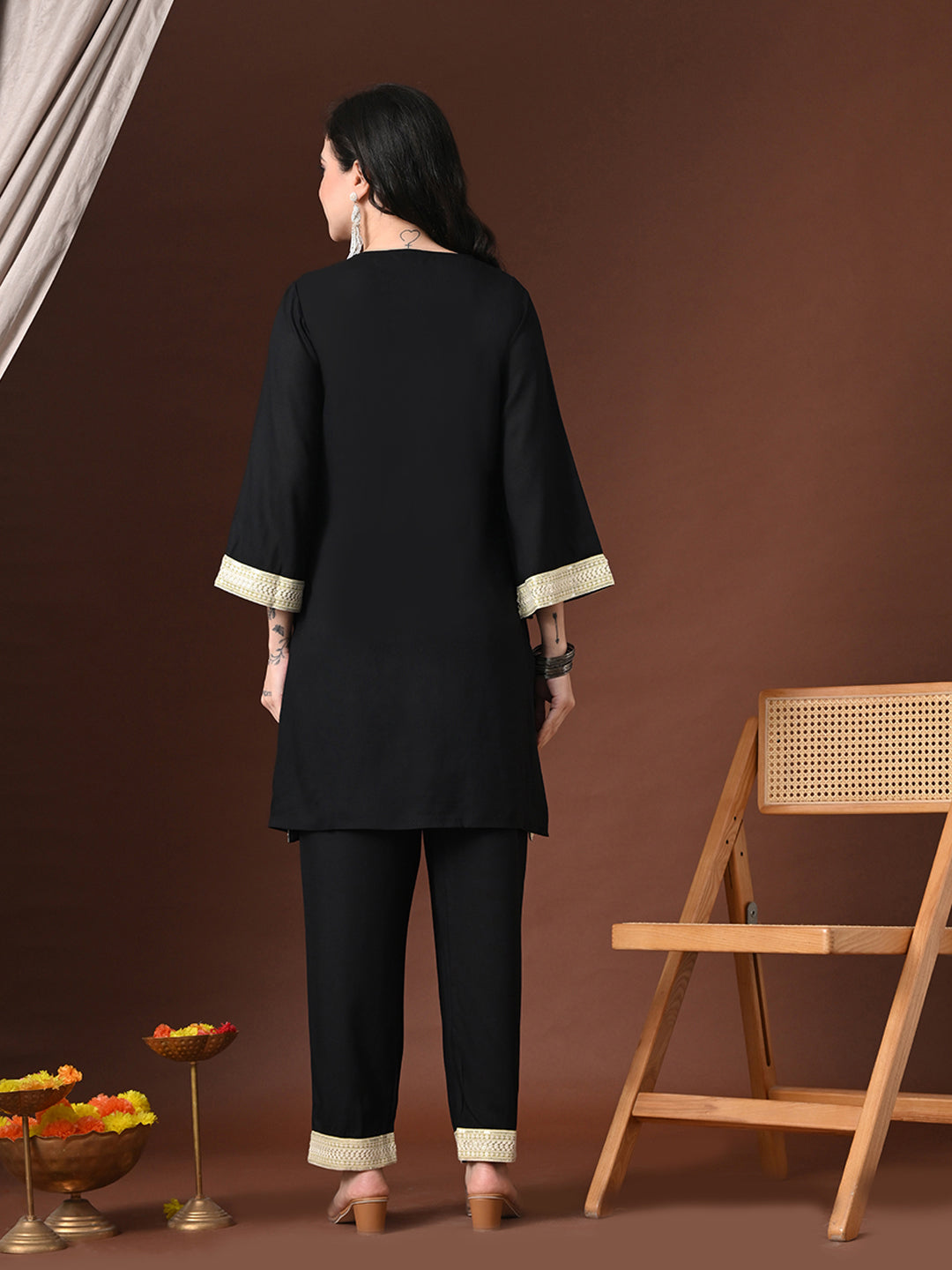 Myshka Women Black Rayon Three-Forth Sleeve Kurta with Trouser | Grocsy