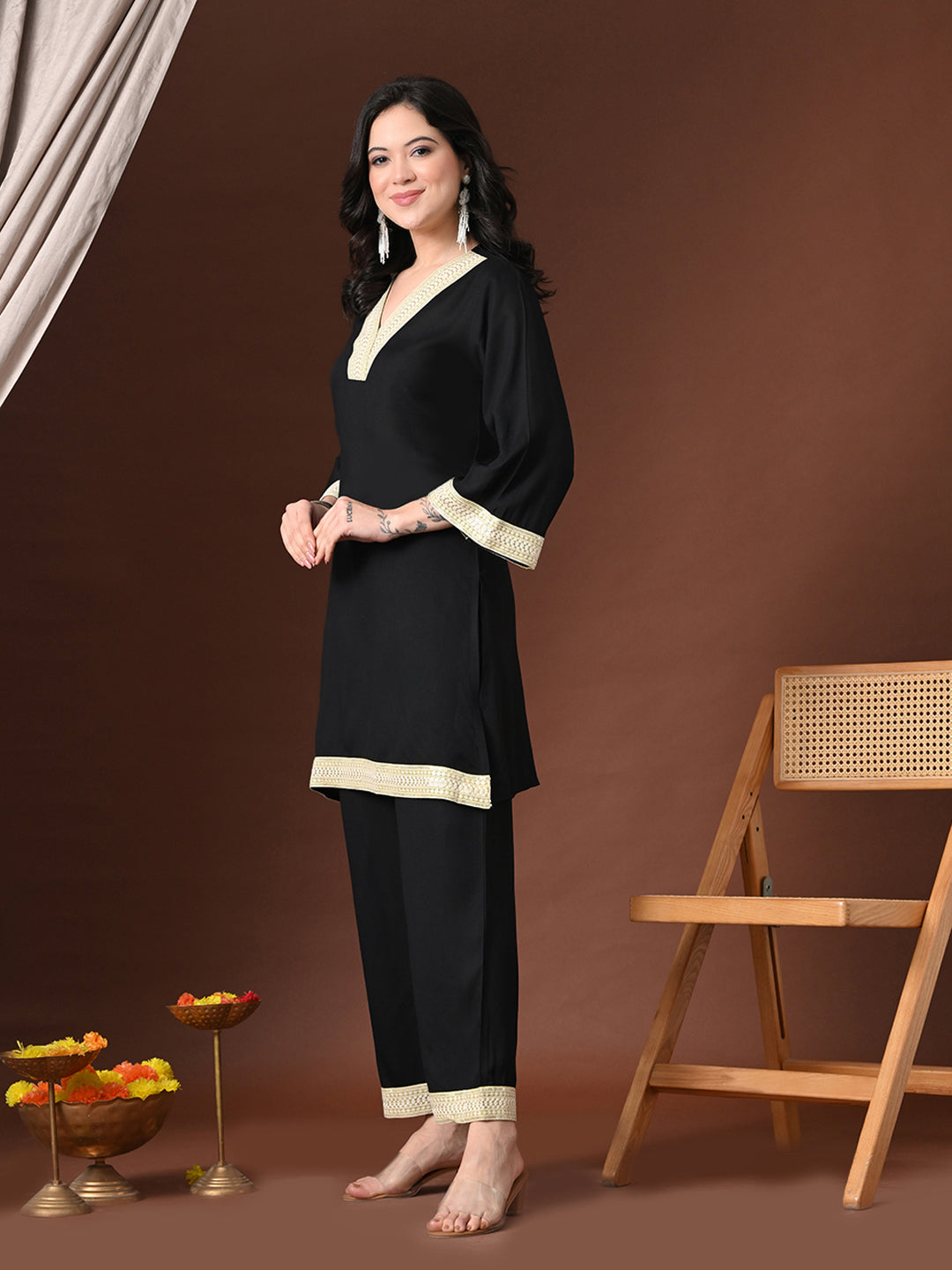 Myshka Women Black Rayon Three-Forth Sleeve Kurta with Trouser | Grocsy