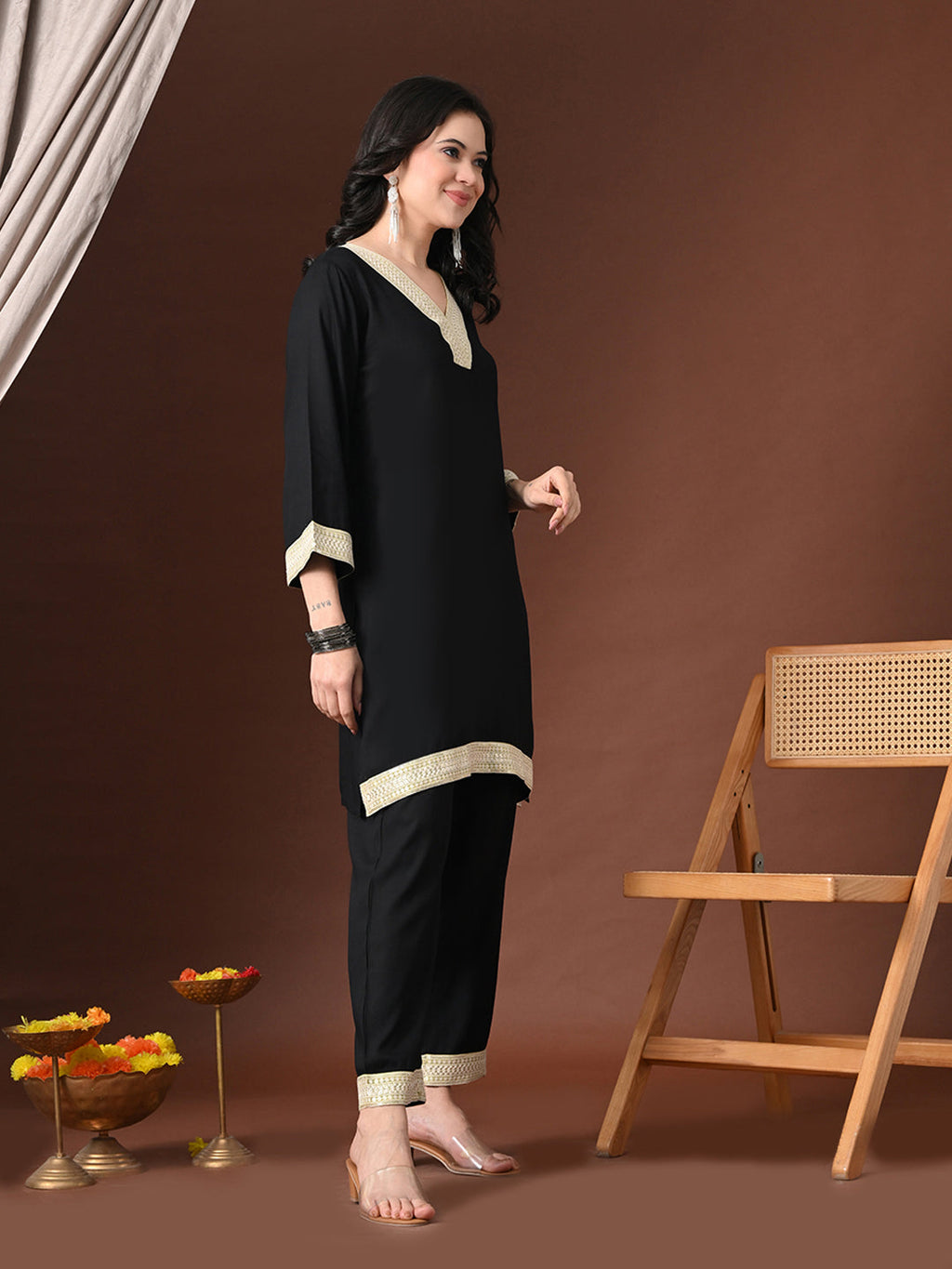 Myshka Women Black Rayon Three-Forth Sleeve Kurta with Trouser | Grocsy