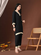 Myshka Women Black Rayon Three-Forth Sleeve Kurta with Trouser | Grocsy