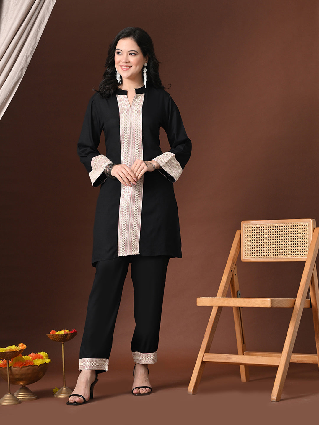 Myshka Women Black Rayon Three-Forth Sleeve Kurta with Trouser | Grocsy