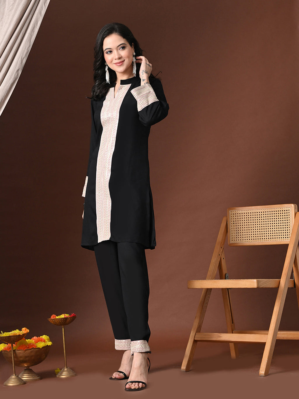 Myshka Women Black Rayon Three-Forth Sleeve Kurta with Trouser | Grocsy