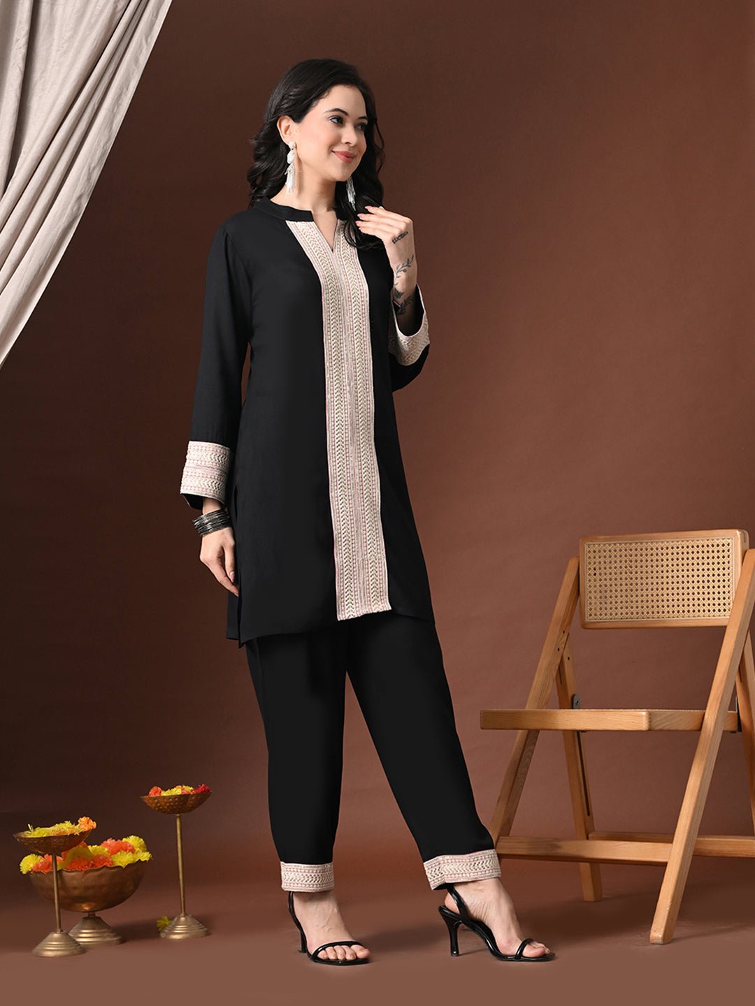 Myshka Women Black Rayon Three-Forth Sleeve Kurta with Trouser | Grocsy