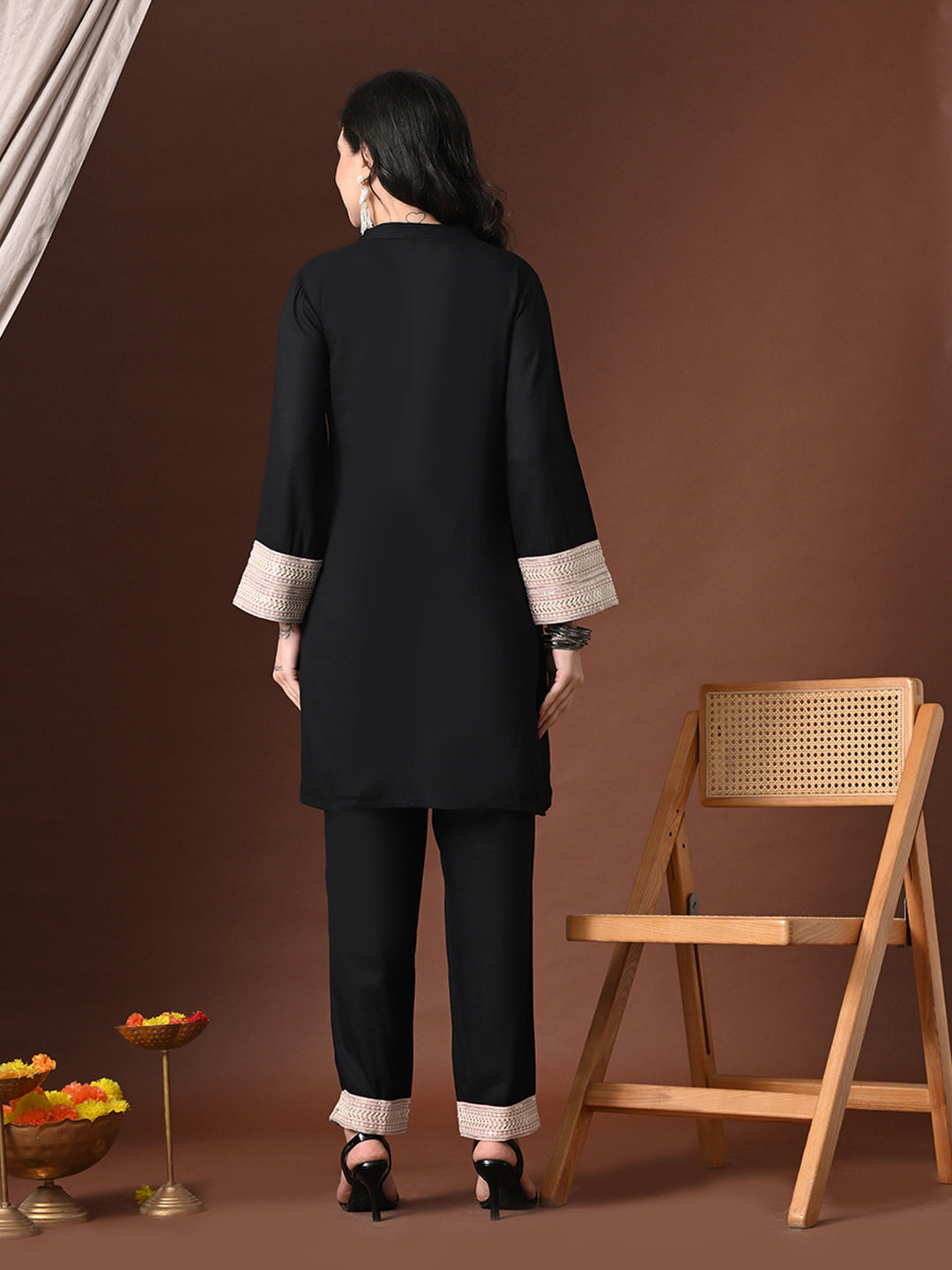 Myshka Women Black Rayon Three-Forth Sleeve Kurta with Trouser | Grocsy
