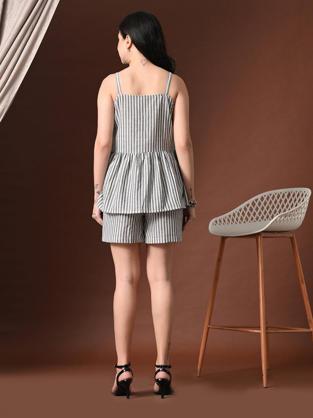 Myshka Women Cotton Striped Shoulder Sleeve Peplum Top with Shorts | Grocsy