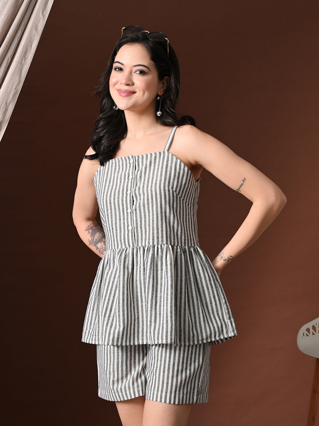 Myshka Women Cotton Striped Shoulder Sleeve Peplum Top with Shorts | Grocsy