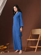 Myshka Women Blue Pure Cotton Asymmetrical Three-Forth Sleeve Kurta with Trouser | Grocsy