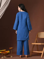 Myshka Women Blue Pure Cotton Asymmetrical Three-Forth Sleeve Kurta with Trouser | Grocsy