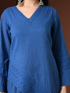 Myshka Women Blue Pure Cotton Asymmetrical Three-Forth Sleeve Kurta with Trouser | Grocsy