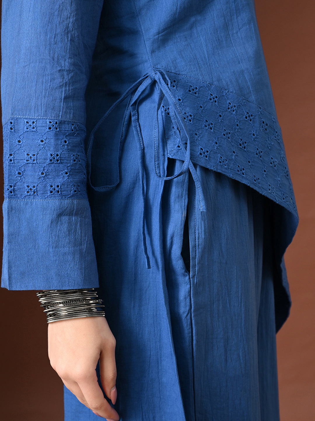 Myshka Women Blue Pure Cotton Asymmetrical Three-Forth Sleeve Kurta with Trouser | Grocsy