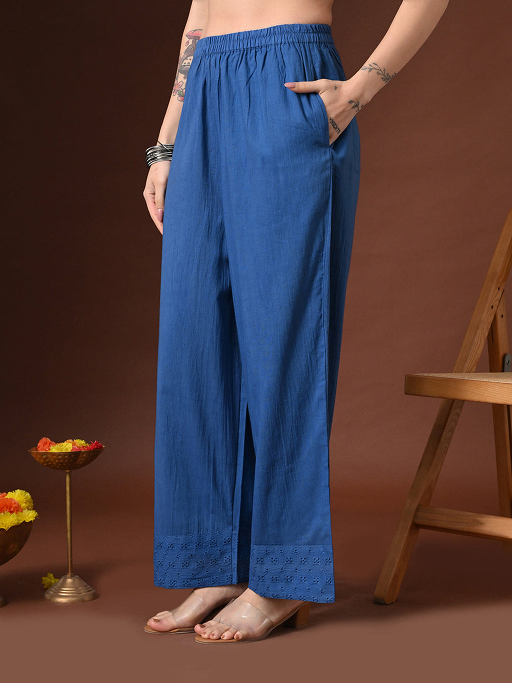 Myshka Women Blue Pure Cotton Asymmetrical Three-Forth Sleeve Kurta with Trouser | Grocsy