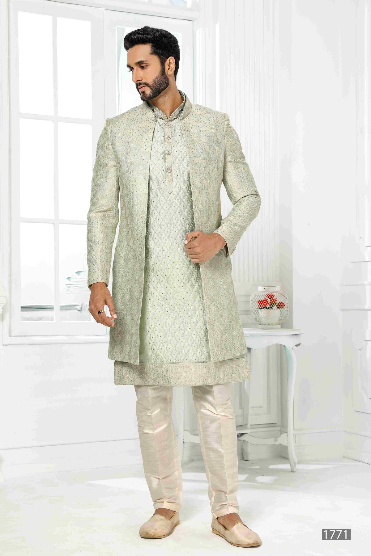 Raivat Ethnic Art Silk Embroidery Work 3 Pcs Indo Jacket Set In Pista Green Colour | Grocsy