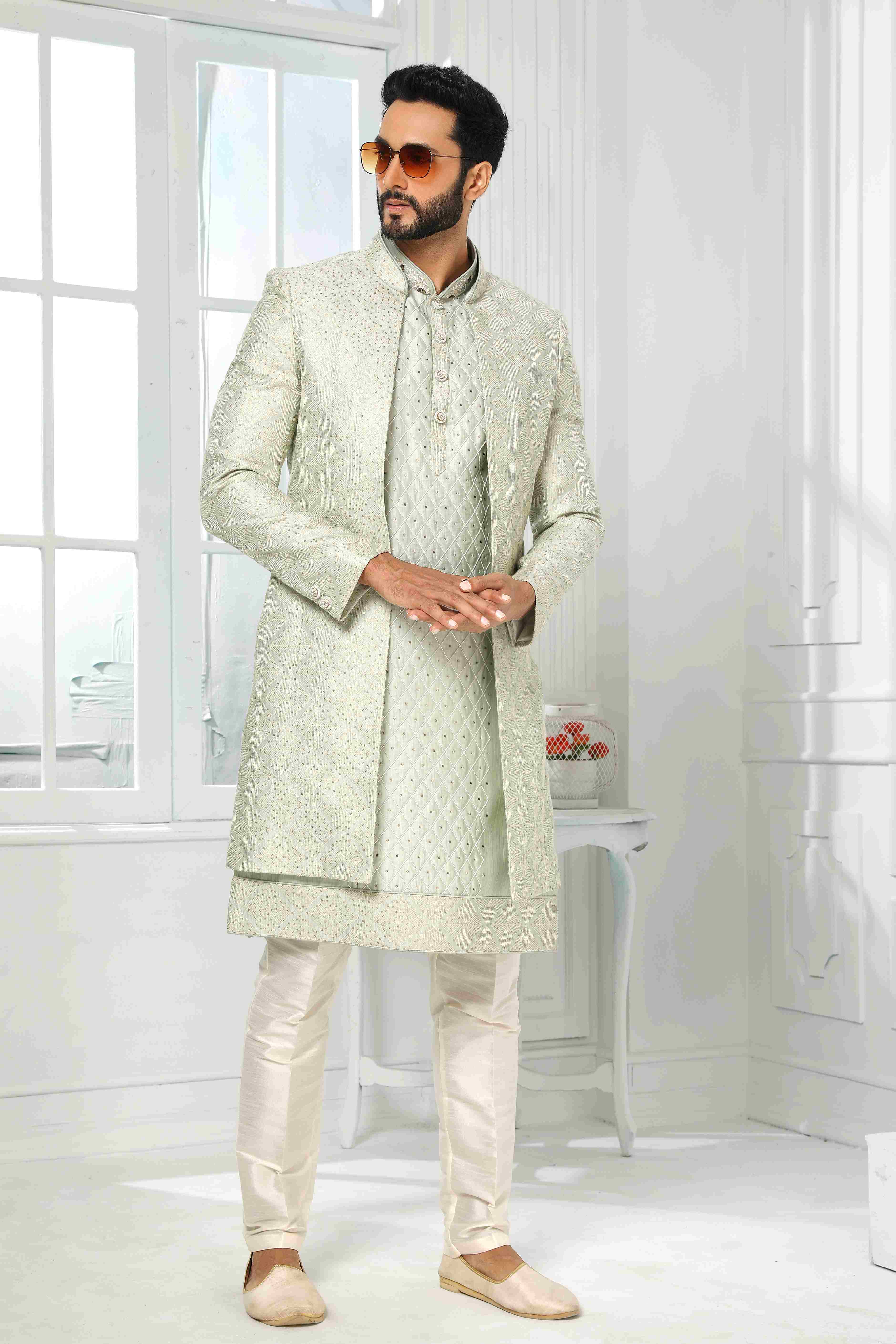 Raivat Ethnic Art Silk Embroidery Work 3 Pcs Indo Jacket Set In Pista Green Colour | Grocsy