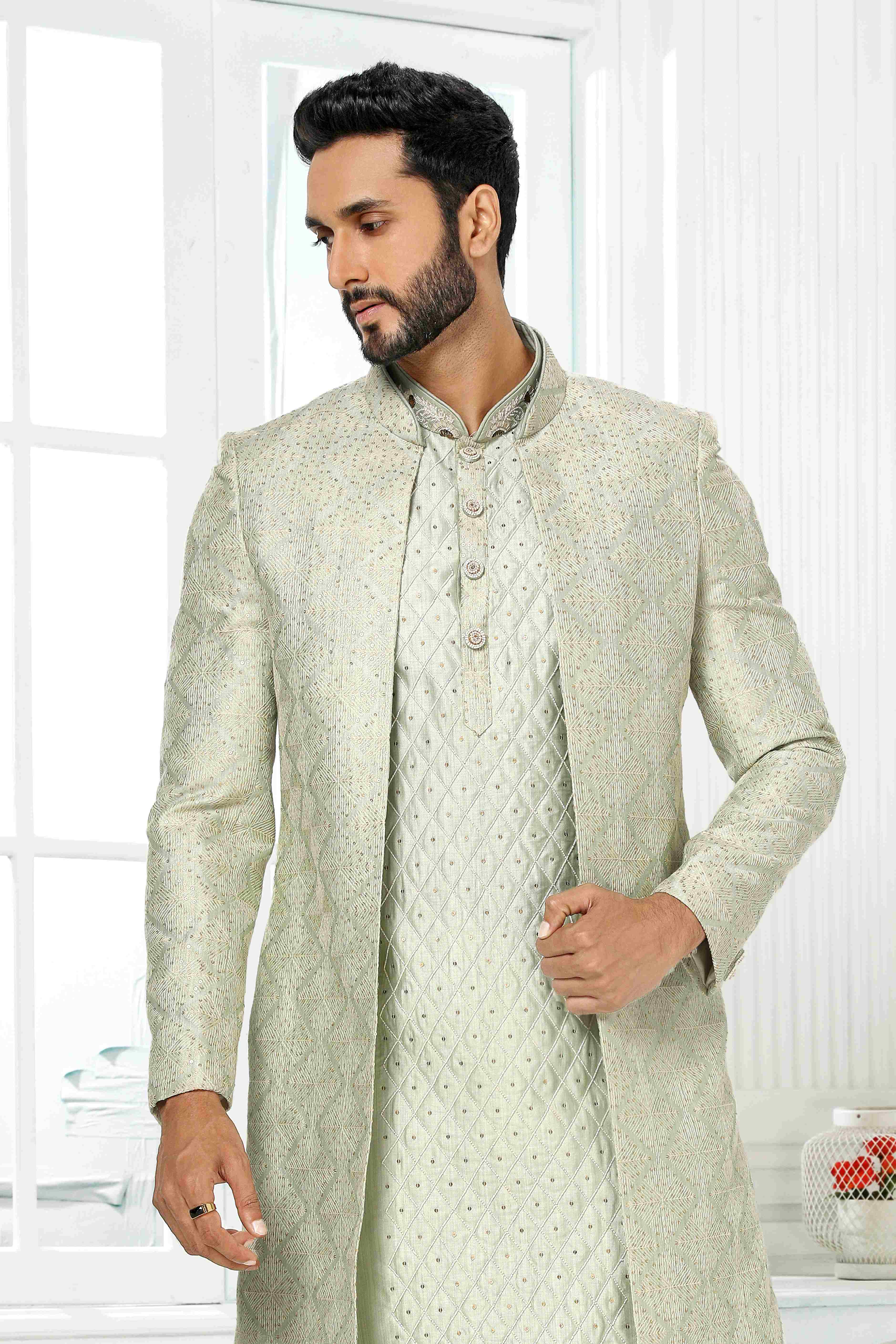 Raivat Ethnic Art Silk Embroidery Work 3 Pcs Indo Jacket Set In Pista Green Colour | Grocsy