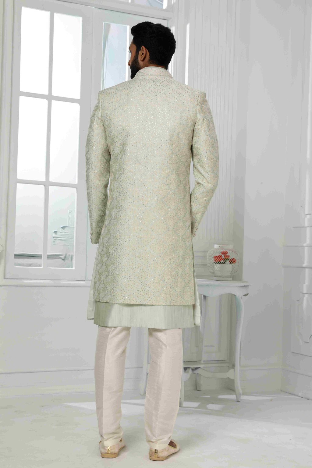 Raivat Ethnic Art Silk Embroidery Work 3 Pcs Indo Jacket Set In Pista Green Colour | Grocsy