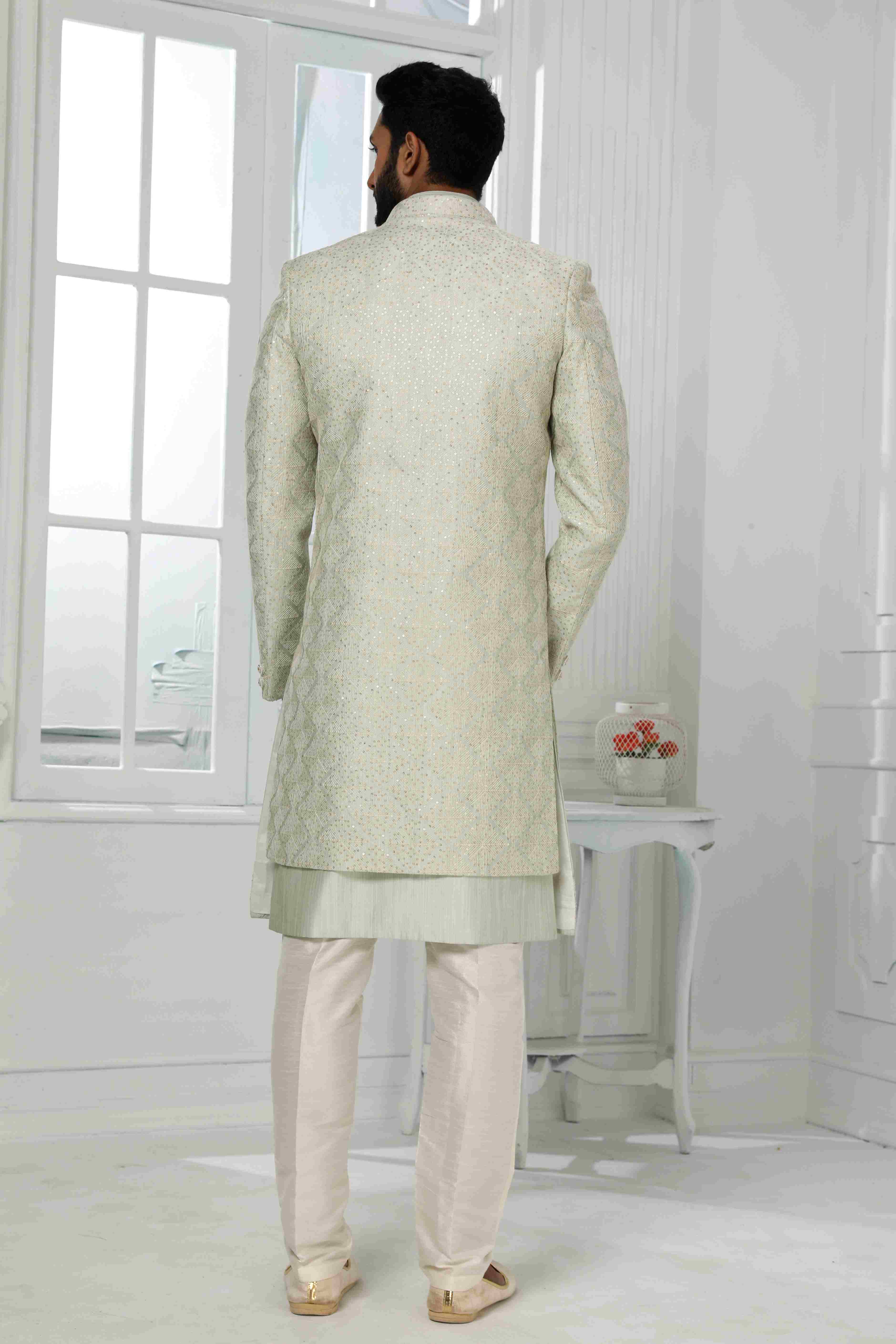 Raivat Ethnic Art Silk Embroidery Work 3 Pcs Indo Jacket Set In Pista Green Colour | Grocsy