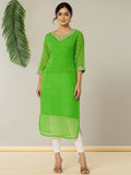 Yufta Dark Green Georgette Lehriya Embroidery Kurta | Grocsy