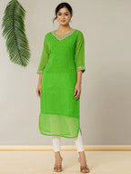Yufta Dark Green Georgette Lehriya Embroidery Kurta | Grocsy