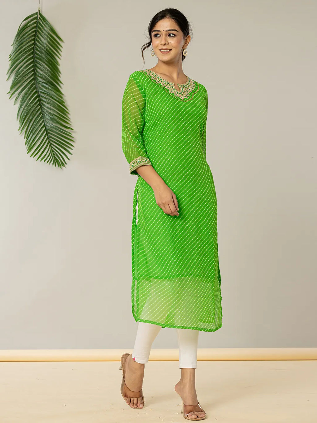 Yufta Dark Green Georgette Lehriya Embroidery Kurta | Grocsy