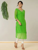 Yufta Dark Green Georgette Lehriya Embroidery Kurta | Grocsy