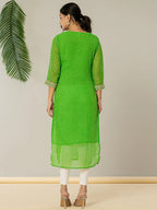 Yufta Dark Green Georgette Lehriya Embroidery Kurta | Grocsy