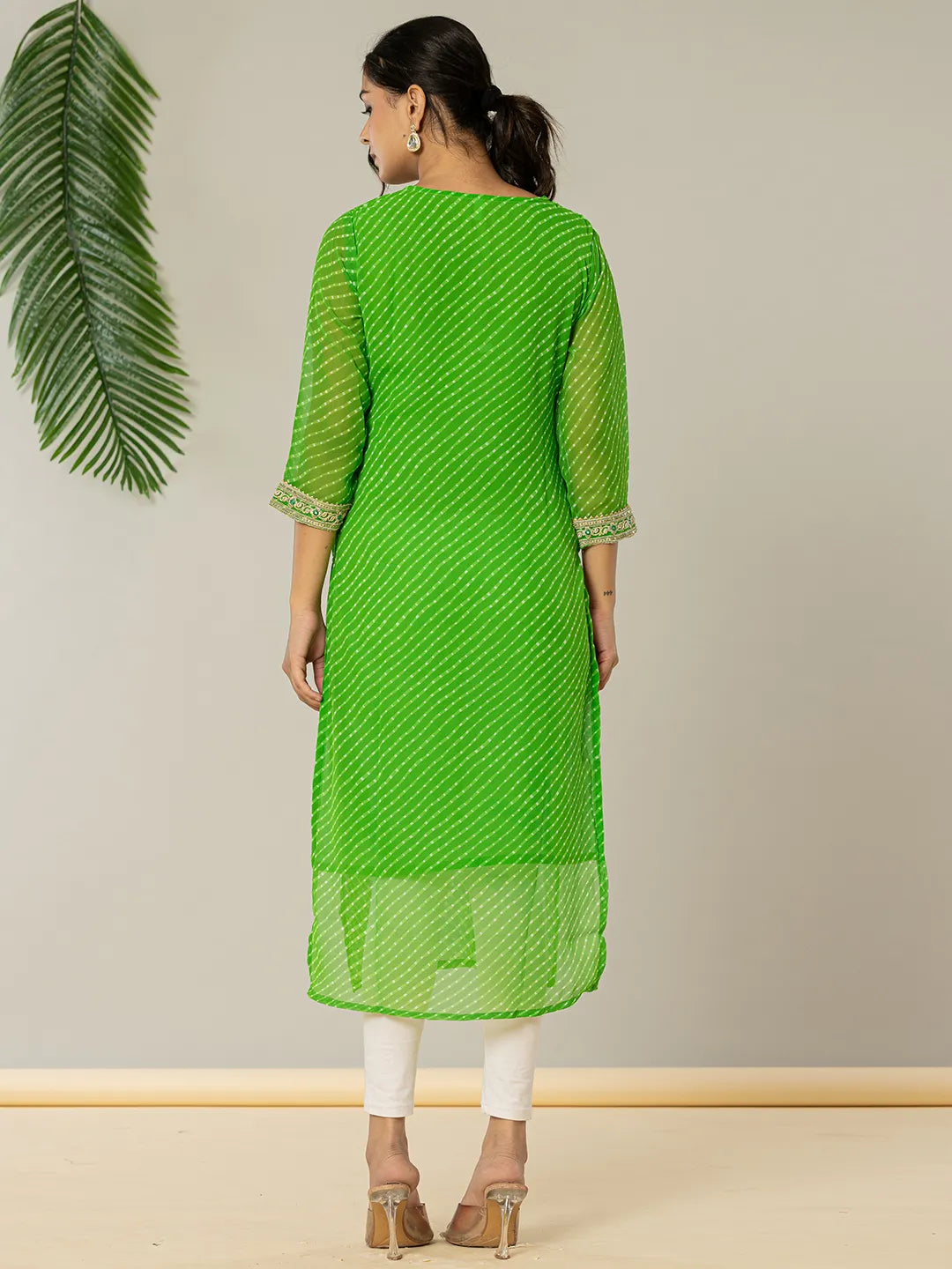 Yufta Dark Green Georgette Lehriya Embroidery Kurta | Grocsy
