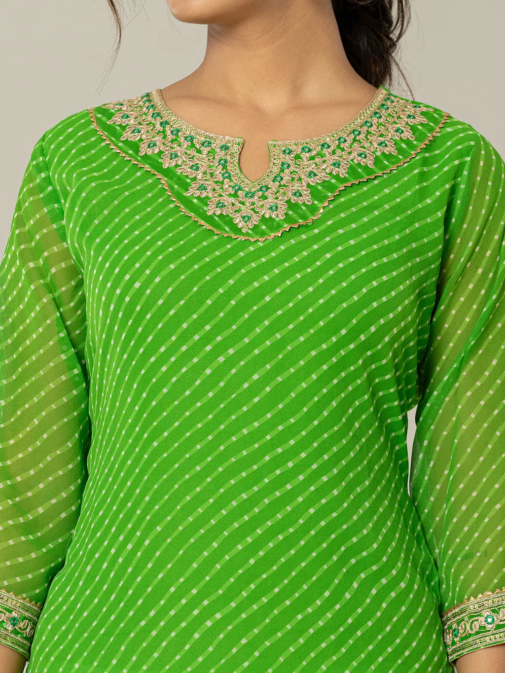 Yufta Dark Green Georgette Lehriya Embroidery Kurta | Grocsy