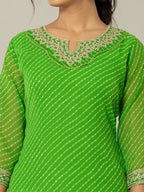 Yufta Dark Green Georgette Lehriya Embroidery Kurta | Grocsy