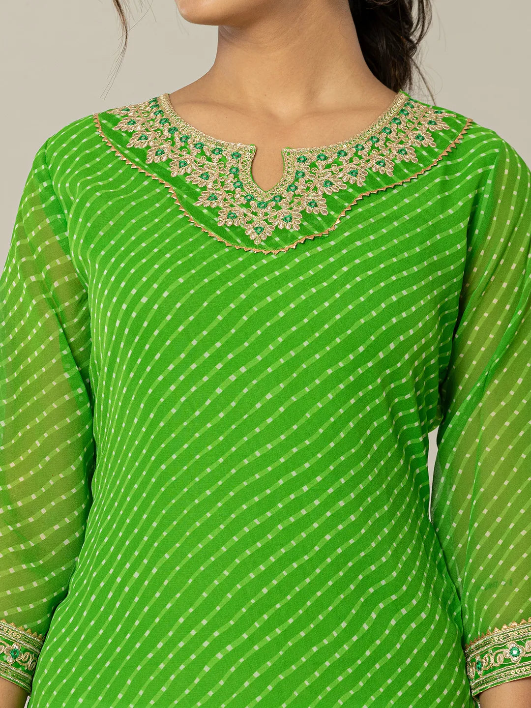 Yufta Dark Green Georgette Lehriya Embroidery Kurta | Grocsy