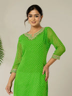 Yufta Dark Green Georgette Lehriya Embroidery Kurta | Grocsy