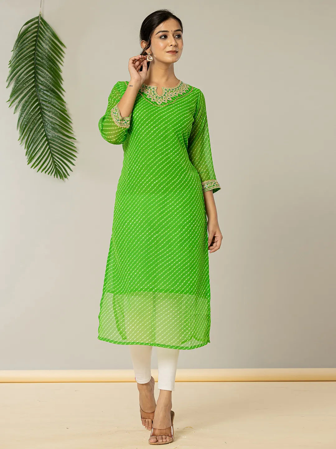 Yufta Dark Green Georgette Lehriya Embroidery Kurta | Grocsy