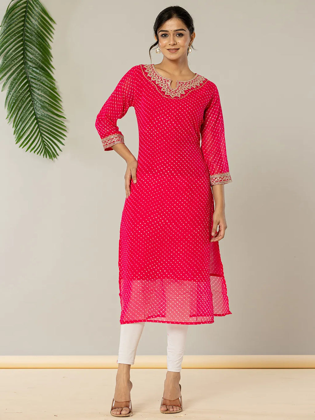 Yufta Hot Pink Georgette Lehriya Embroidery Kurta | Grocsy