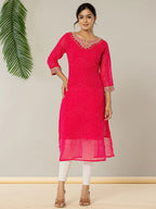 Yufta Hot Pink Georgette Lehriya Embroidery Kurta | Grocsy