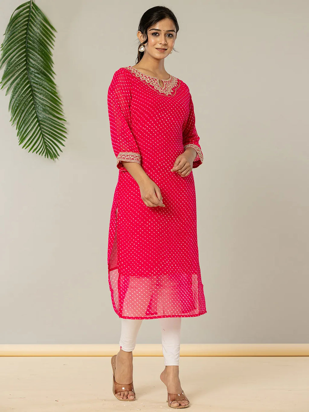 Yufta Hot Pink Georgette Lehriya Embroidery Kurta | Grocsy