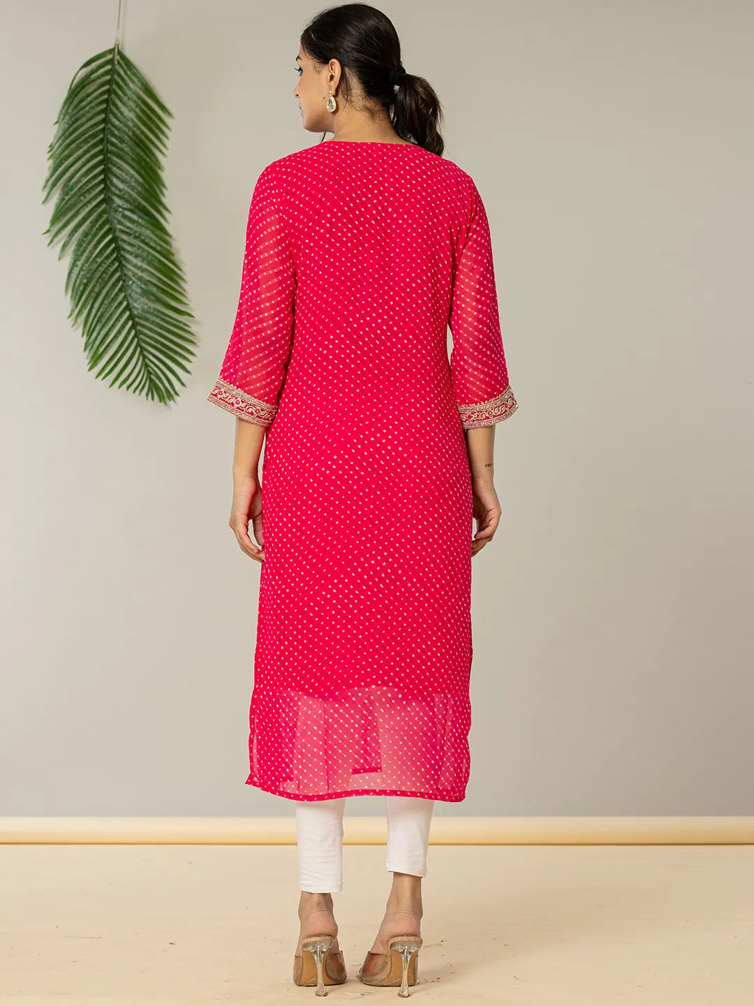 Yufta Hot Pink Georgette Lehriya Embroidery Kurta | Grocsy