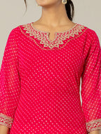 Yufta Hot Pink Georgette Lehriya Embroidery Kurta | Grocsy