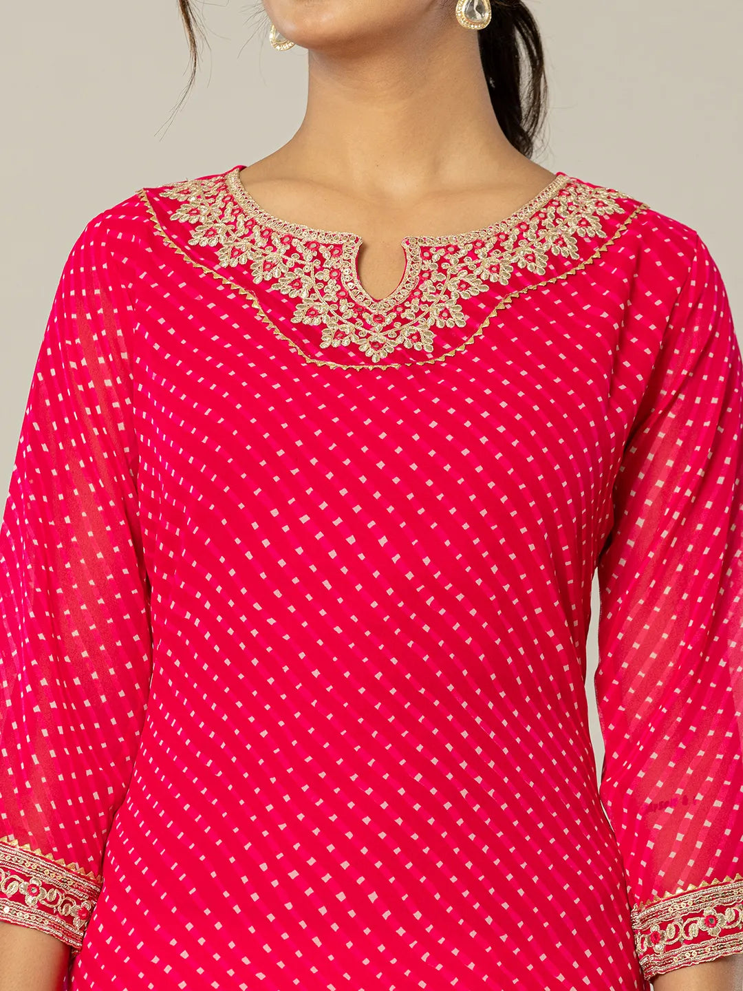 Yufta Hot Pink Georgette Lehriya Embroidery Kurta | Grocsy