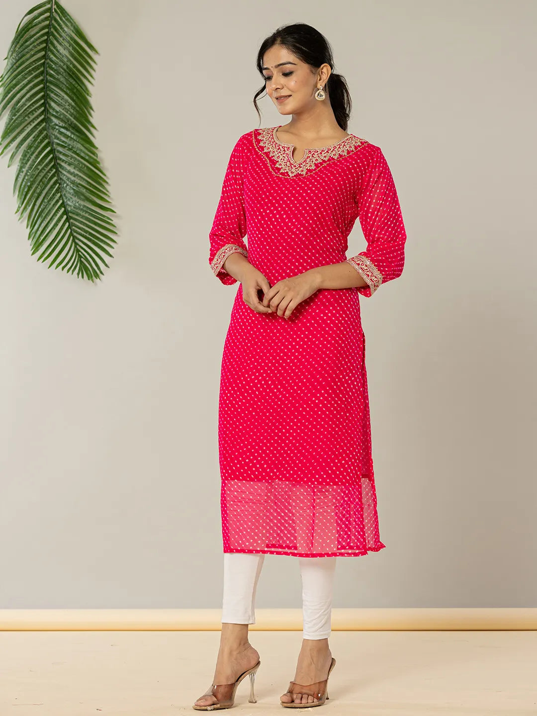 Yufta Hot Pink Georgette Lehriya Embroidery Kurta | Grocsy