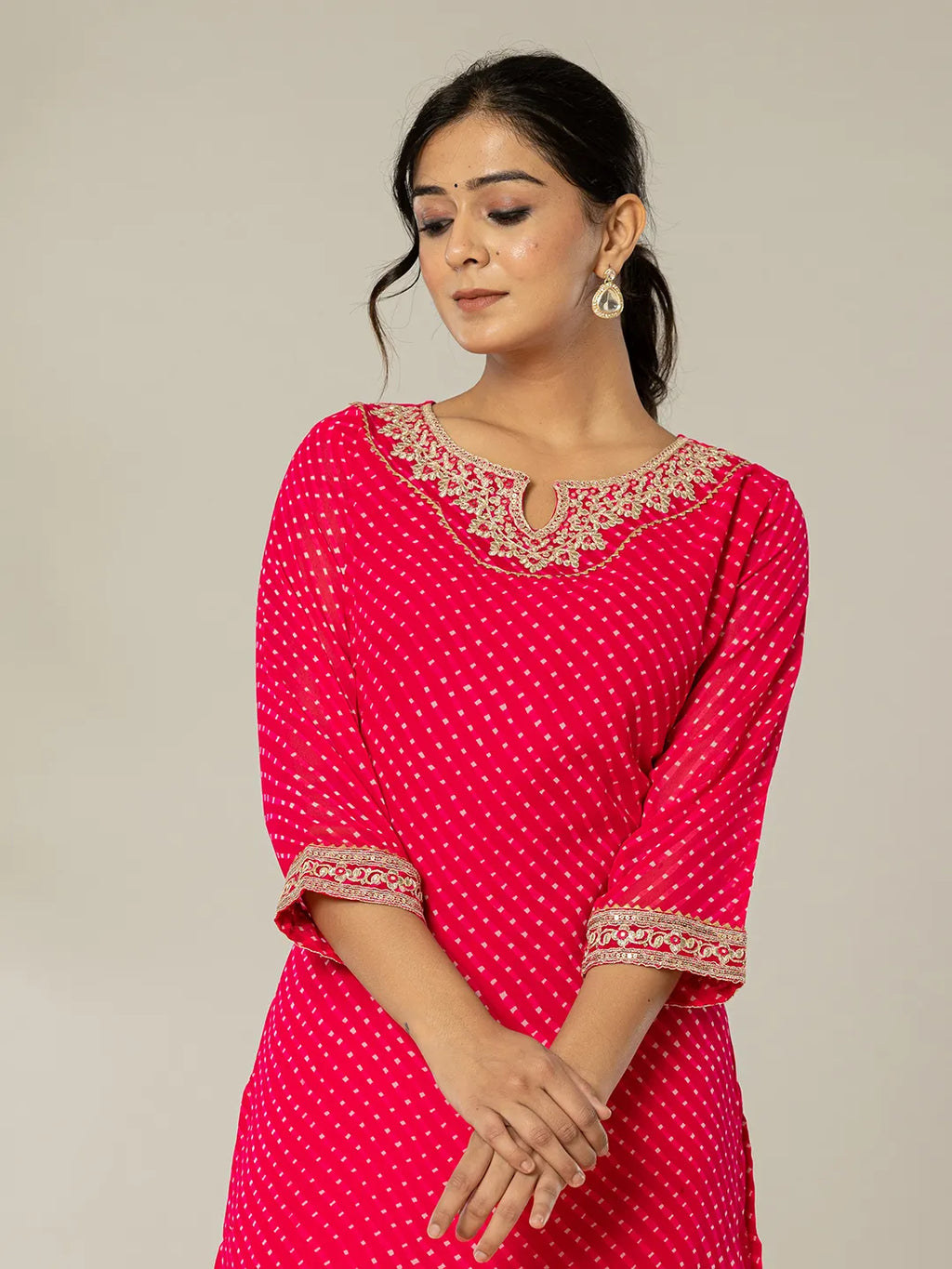 Yufta Hot Pink Georgette Lehriya Embroidery Kurta | Grocsy
