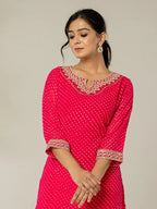 Yufta Hot Pink Georgette Lehriya Embroidery Kurta | Grocsy