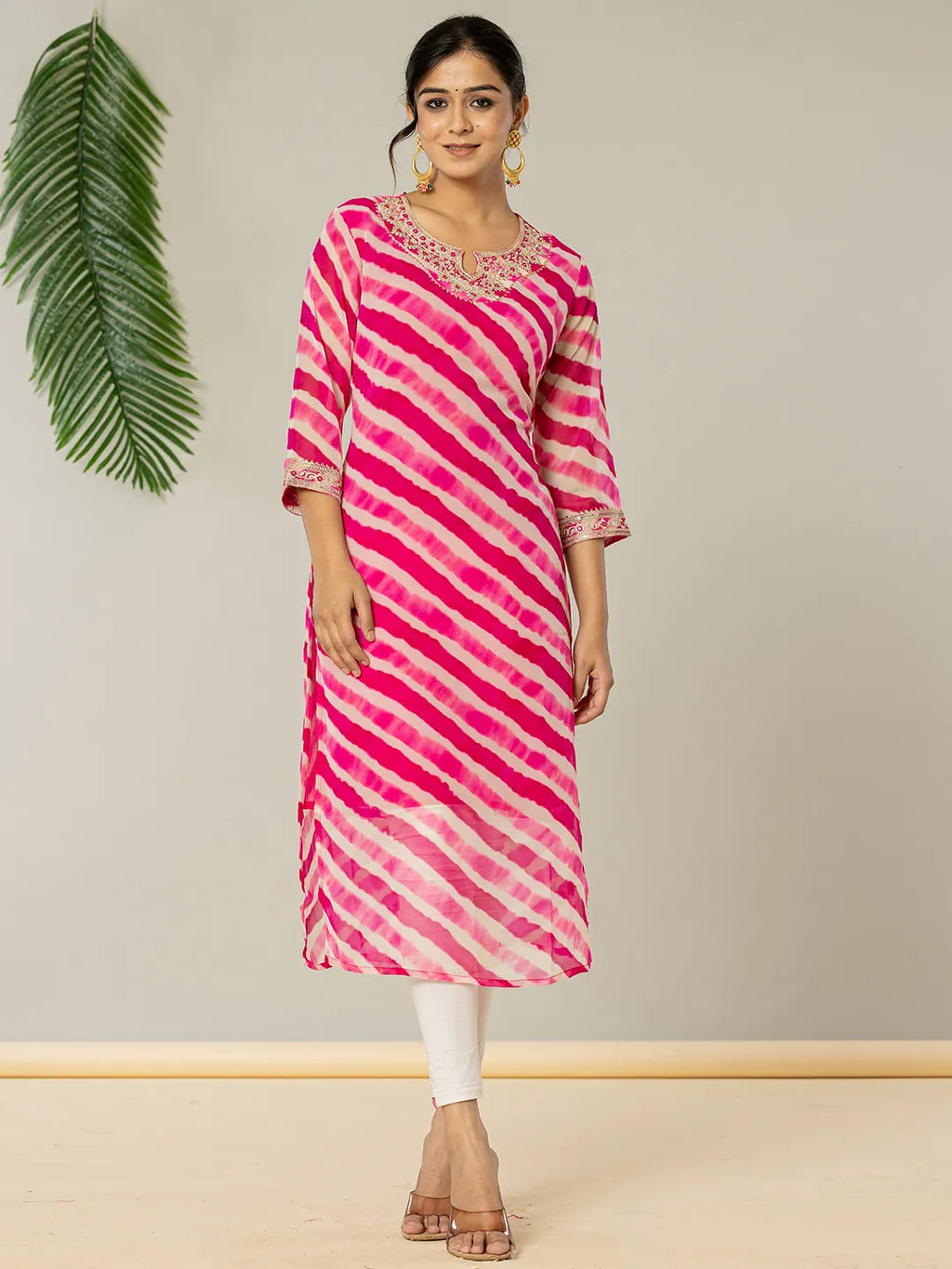 Yufta Pink Georgette Lehriya Embroidery Kurta | Grocsy