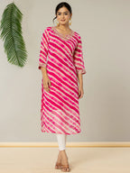 Yufta Pink Georgette Lehriya Embroidery Kurta | Grocsy