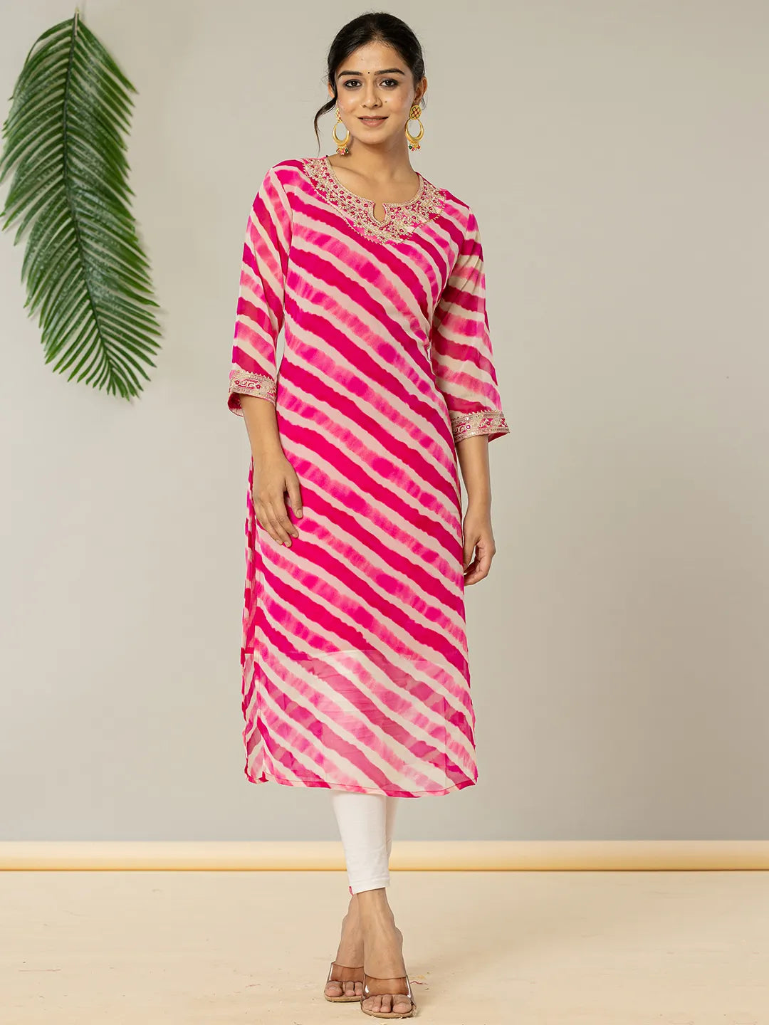 Yufta Pink Georgette Lehriya Embroidery Kurta | Grocsy