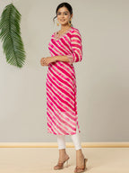 Yufta Pink Georgette Lehriya Embroidery Kurta | Grocsy