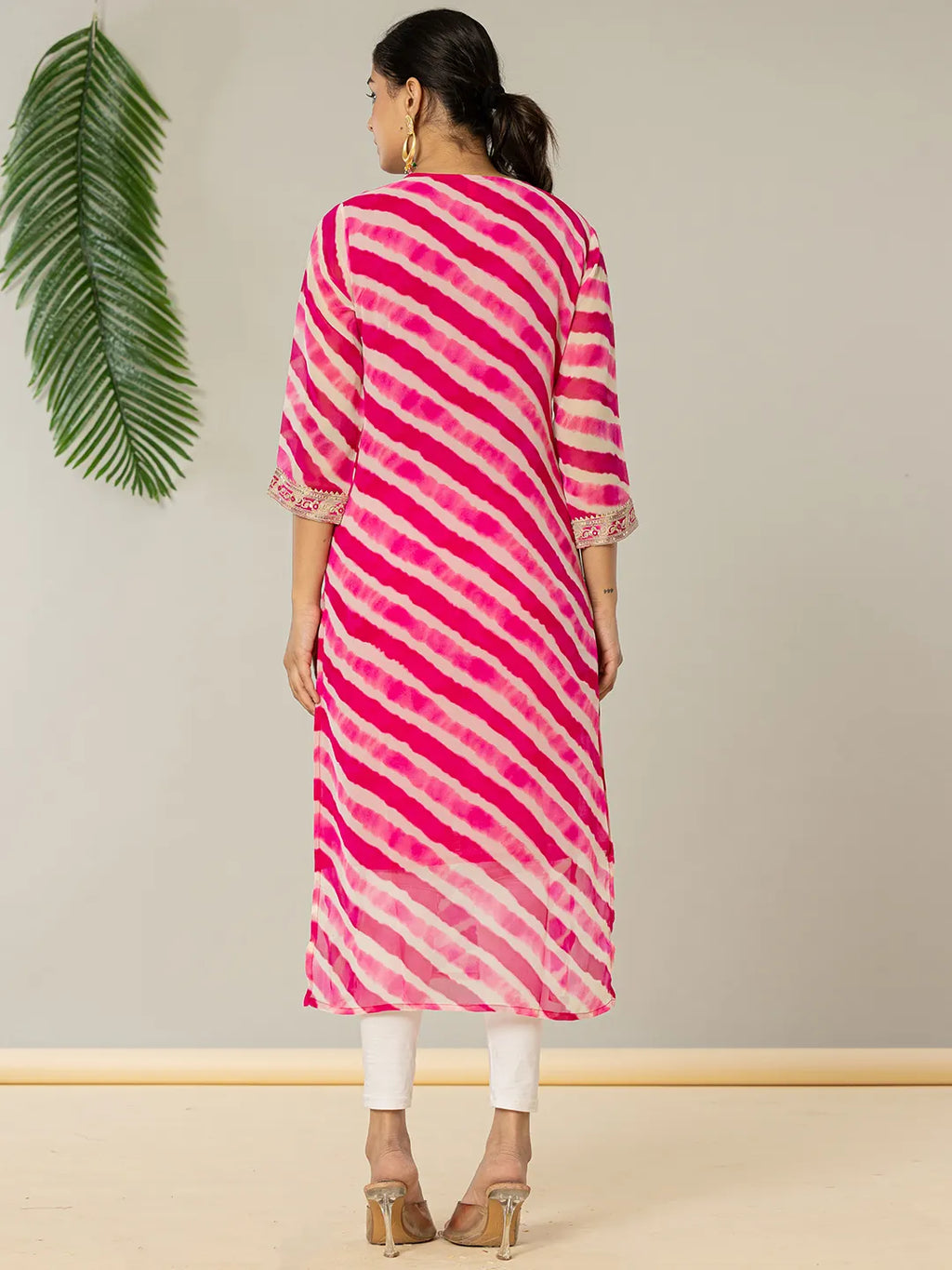 Yufta Pink Georgette Lehriya Embroidery Kurta | Grocsy