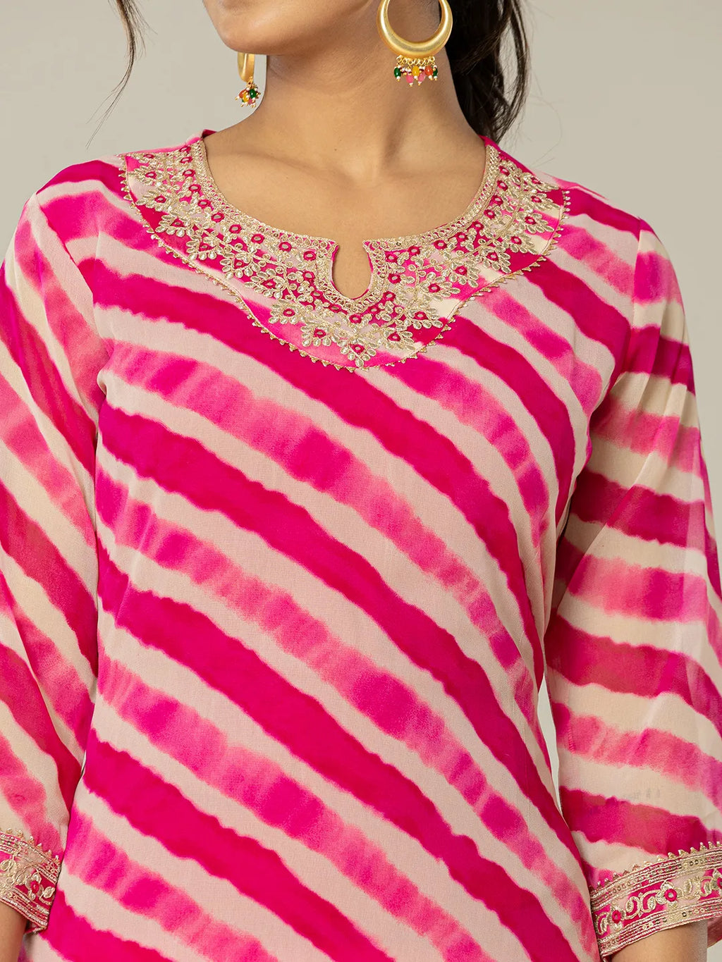 Yufta Pink Georgette Lehriya Embroidery Kurta | Grocsy
